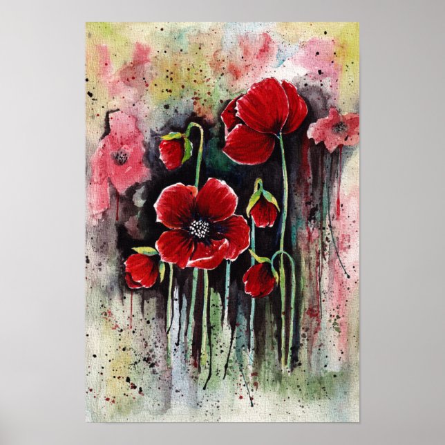 Mohnblumen in Aquarellen Poster (Vorne)