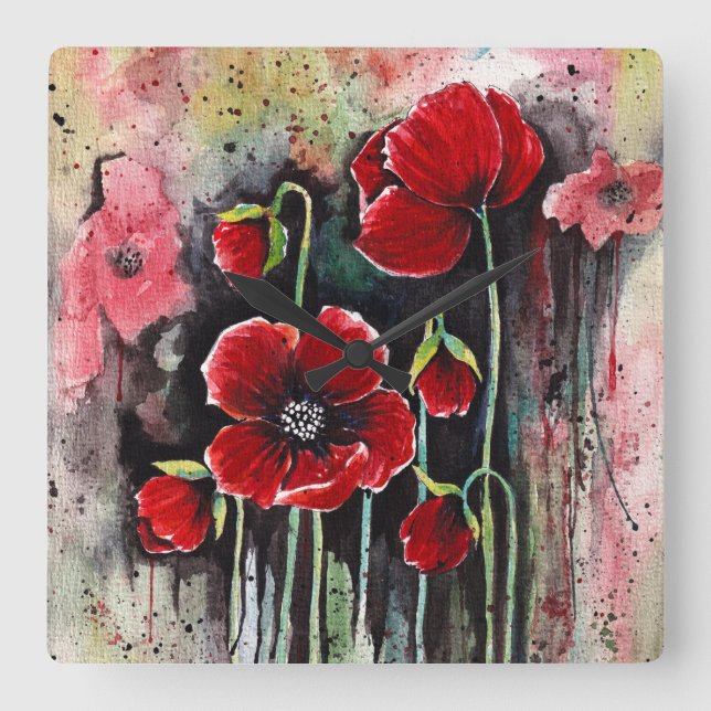 Mohnblumen in Aquarellen Quadratische Wanduhr (Vorderseite)