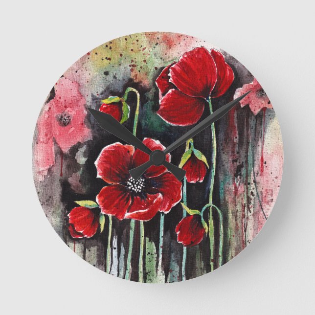 Mohnblumen in Aquarellen Runde Wanduhr (Vorderseite)