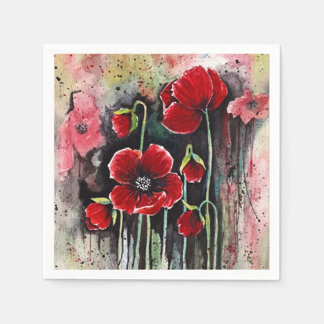 Mohnblumen in Aquarellen Serviette (Vorderseite)