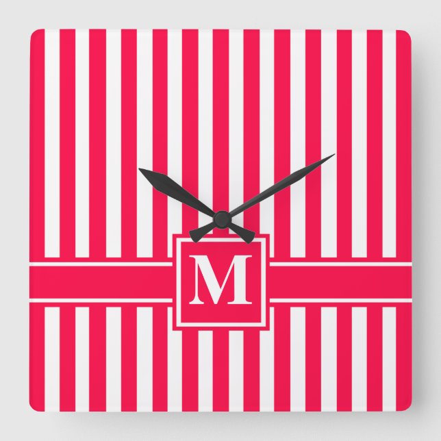 Mohnblumen-moderner Streifen mit Monogramm Quadratische Wanduhr (Vorderseite)