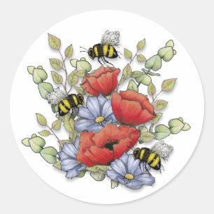 Mohnblumen und Bienen Digitale Zeichnung, Botanisc Runder Aufkleber