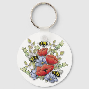 Mohnblumen und Bienen Digitale Zeichnung, Botanisc Schlüsselanhänger