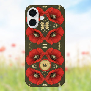 Mohnblumen Vintage Gold Rot Art Nouveau Monogramm iPhone 16 Hülle