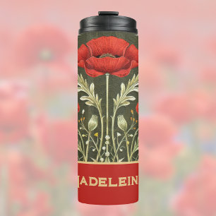 Mohnblumen Vintage Gold Rot Jugendstil Thermosbecher