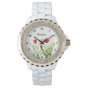 Mohnblumen Wasserfarbe Floral Elegant Rot Armbanduhr