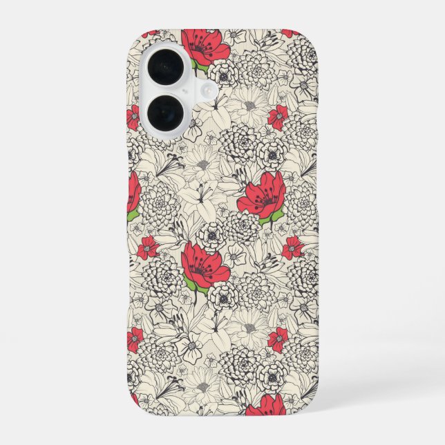 Mohnblumengarten-Muster iPhone 16 Hülle (Rückseite)