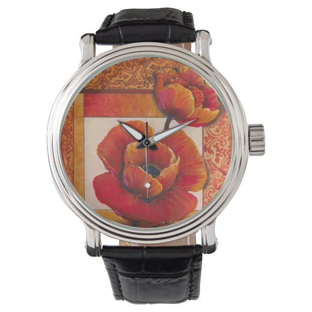 Mohnblüte auf Tan und Orange Hintergrund Armbanduhr (Vorderseite)