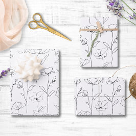 Mohnblüte Schwarz-Weiß-Minimalistische Wildblume Geschenkpapier Set