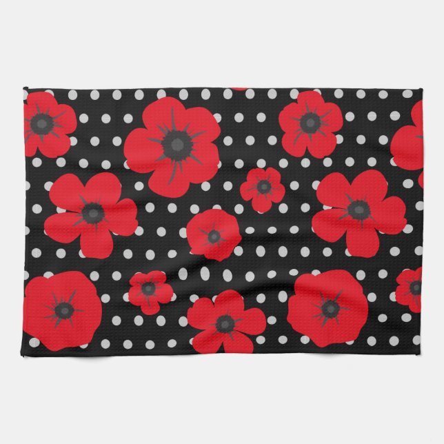 Mohnblüten auf Schwarz-Weiß-Spots Geschirrtuch (Horizontal)