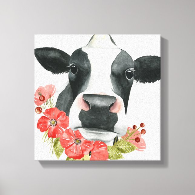 Mohnfarm - Kuh mit Blume Leinwanddruck (Vorderseite)