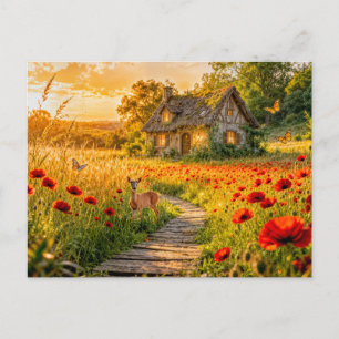 Mohnfeld Cottage mit Holzpfad Postkarte