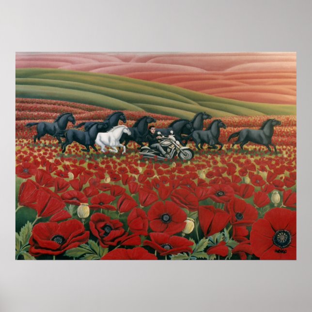 Mohnfelder zum Malen von Wildpferden & Bikerdrucke Poster (Vorne)