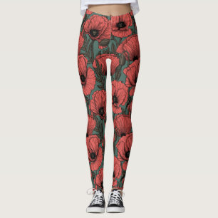 Mohngarten in Korallen, Braun und Pinienwäldern Leggings