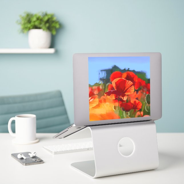 Mohnhaus - Ölmalerei Aufkleber (Laptop auf Schreibtisch)