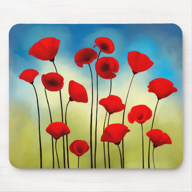 Mohnillustrierung, grünes Feld, blauer Himmel Mousepad (Vorne)