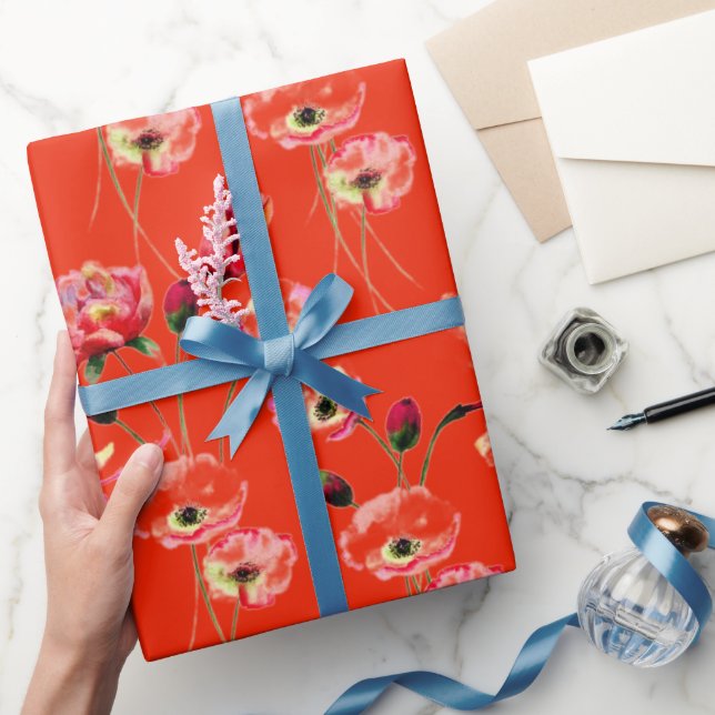 Mohnmuster auf Rot Geschenkpapier (Schenken)