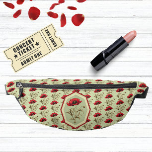 Mohnmuster Roter Salbei Grün mit Blumigen Medaillo Bauchtasche