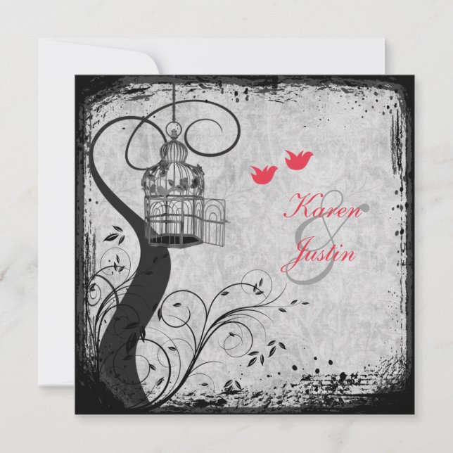 Mohnrot, graue Birdcage Lovebirds Hochzeitsempfang Einladung (Vorderseite)