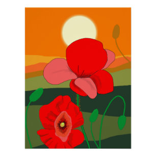 Mohnwiese bei Sonnenuntergang Poster