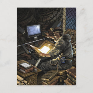 Moine avec carte postale scanner livre