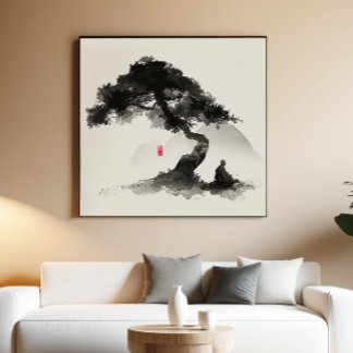 Moine & Pin - Art mural à l'encre zen - Décor mini