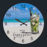 Mojito Cocktail Beach Happy Place Große Wanduhr<br><div class="desc">This design may be personalized in the area provided by changing the photo and/or text. Or it can be customized by clicking Personalize this Template and then choosing the click to customize further option and delete or change the color of the background, add text, change the text color or style,...</div>