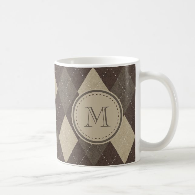 Mokka Chocca Brown Rauten-Muster mit Monogramm Kaffeetasse (Rechts)