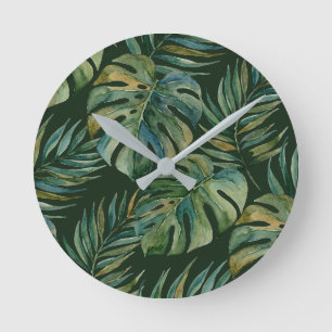 Moku Island Hawaiianische Aquarell-Monstera - Grün Runde Wanduhr