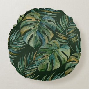 Moku Island Hawaiianische Aquarell-Monstera - Grün Rundes Kissen