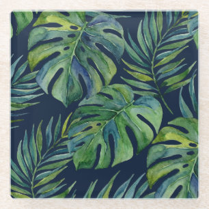 Moku Island Hawaiianische Aquarell Monstera- Marin Glasuntersetzer