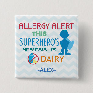 Molkereiallergie-Alarm-Superheld-Jungen-Knopf Button
