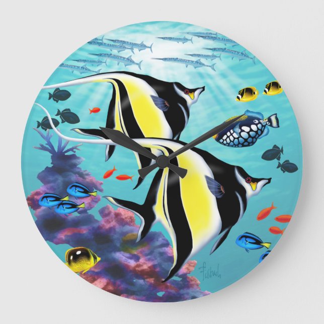 Molokini Cove Hawaiian Angel Fish Tropical Große Wanduhr (Vorderseite)