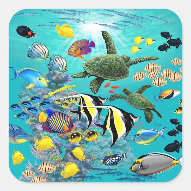 Molokini Cove Hawaiian Tropical Fish Sea Turtle Quadratischer Aufkleber (Vorderseite)