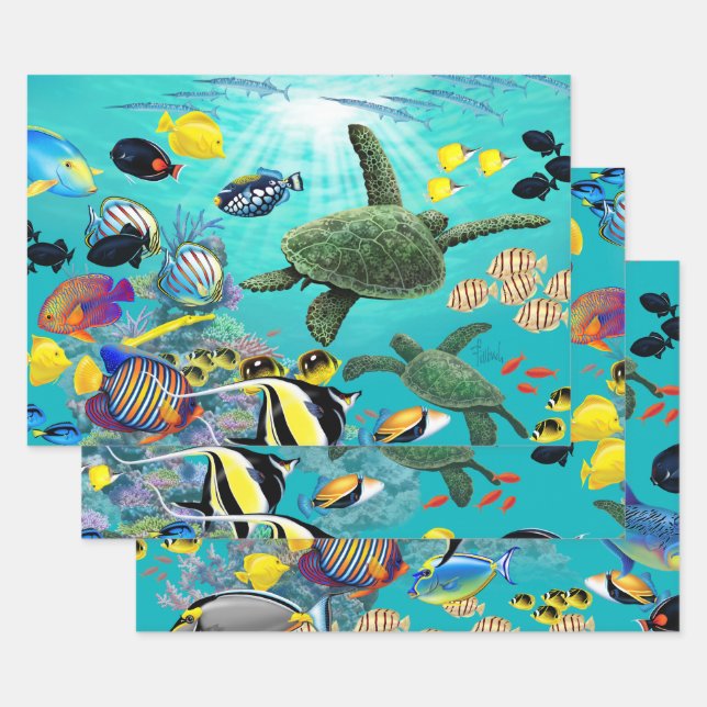 Molokini Cove Hawaiian Tropical Fish Turtle Trio Geschenkpapier Set (Set)