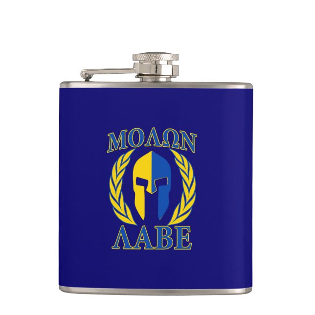 Molon Labe Spartan Helmet Laurels Blue Flachmann (Vorderseite)