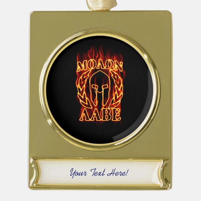 Molon Labe Spartan Krieger in Flammen Banner-Ornament Gold (Vorderseite)