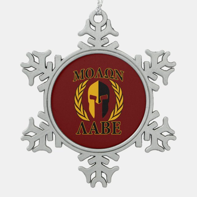 Molon Labe Spartan Mask Laurels Burgundy Schneeflocken Zinn-Ornament (Vorderseite)