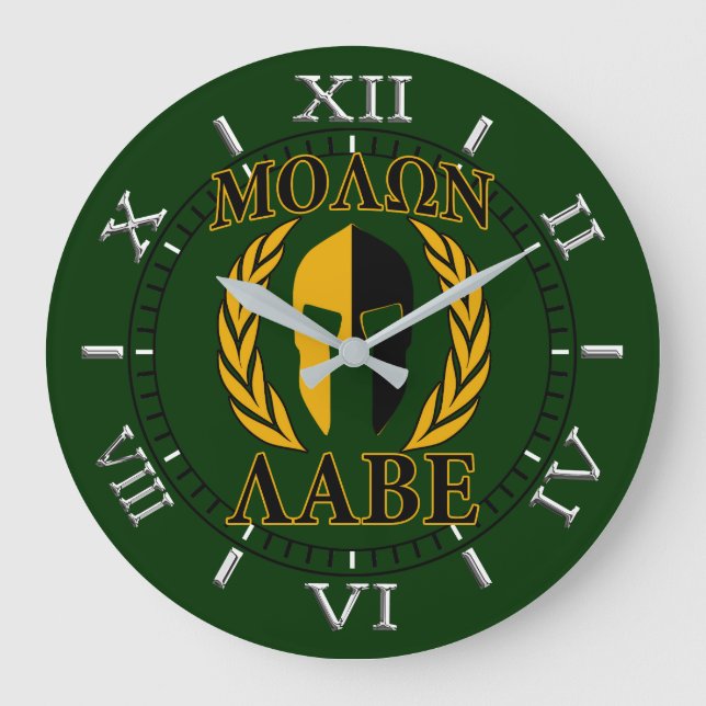 Molon Labe Spartan Mask Laurels Forest Green Dial Große Wanduhr (Vorderseite)