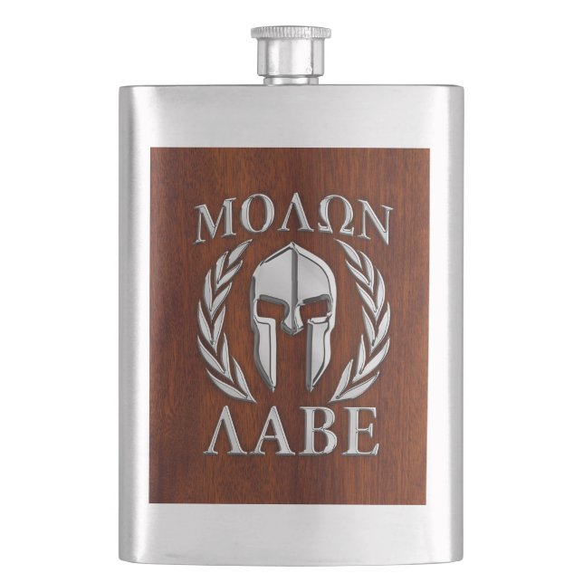 Molon Labe Spartan Warrior Laurels Chro Wood Print Flachmann (Vorderseite)