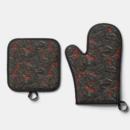 Molten Lava Vulkan rot schwarz Ofenhandschuh & Topflappen-Set