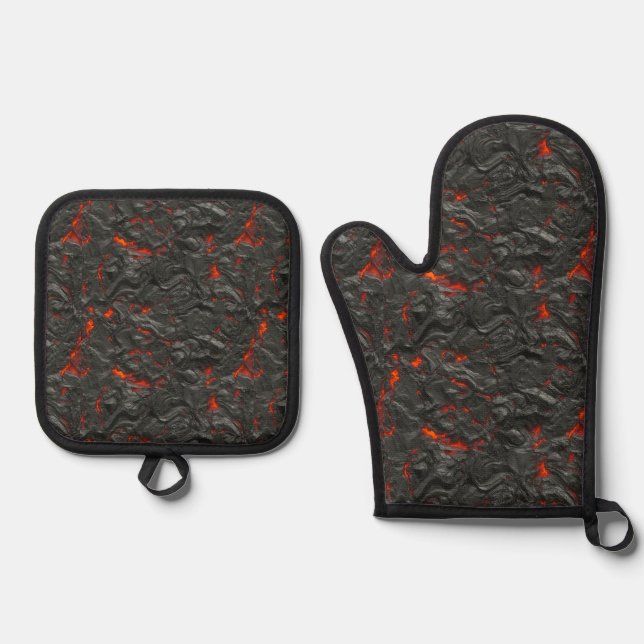 Molten Lava Vulkan rot schwarz Ofenhandschuh & Topflappen-Set (Vorderseite)