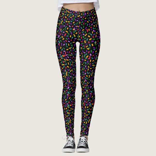 molticfarbene Konfetti auf schwarzen Mardi-Gras Leggings (Vorderseite)
