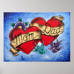 “Mom and Dad” Hearts with Ribbon Art Poster Print