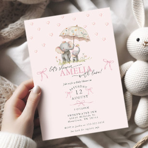 Mom & Baby-Elefant mit Regenschirm Baby Girl Showe Einladung