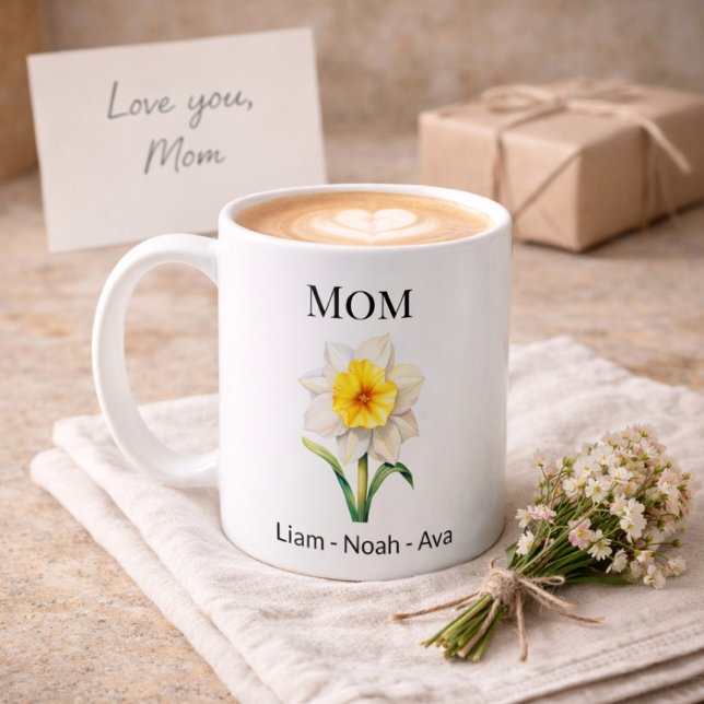 Mom December Birth Flower with Kids Names Kaffeetasse (Von Creator hochgeladen)