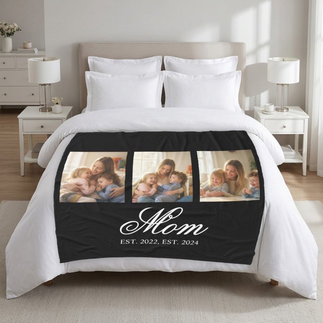 Mom Established Black Elegant Script 3 Foto Fleecedecke (Mom EST. Elegant Script 3 Photo Fleece Blanket. personalize the est years for a Mother's Day Gift)