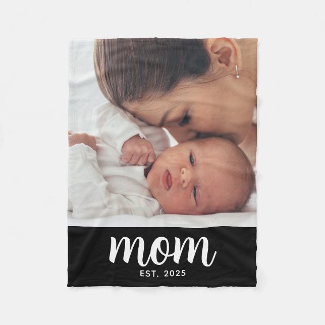 Mom Established Black Modern Script Photo Fleecedecke (Vorderseite)