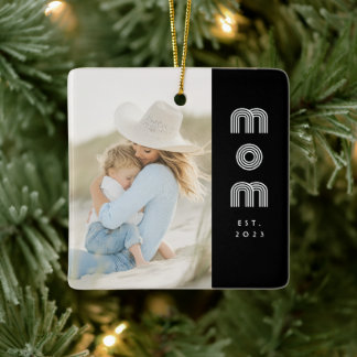 Mom Established Black White Retro Script Photo  Keramikornament