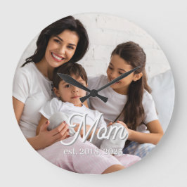 Mom Established Black White Script Photo Große Wanduhr